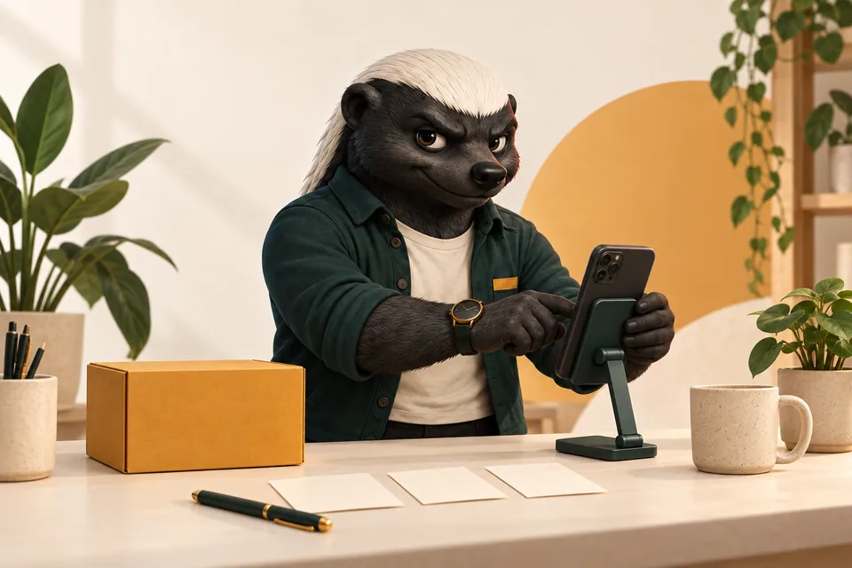 Pursuk bir ürün kutusu ve hazırlık kartlarının yanında ilk reklam için telefonunu düzenliyor.