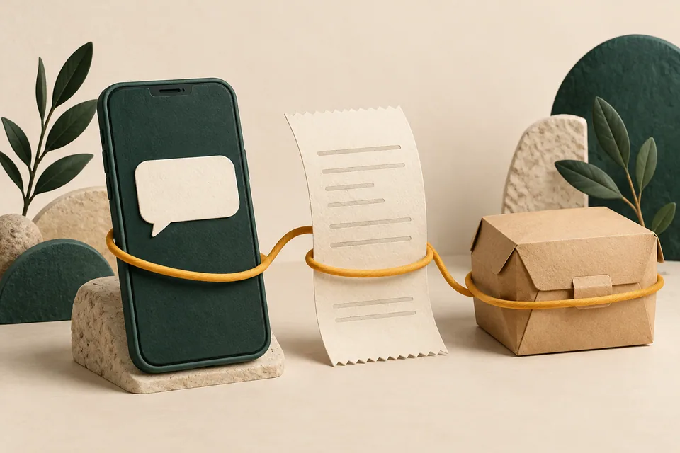 Bir konuşmayı sipariş ve ödeme kaydına bağlamayı anlatan telefon, fiş ve paket.