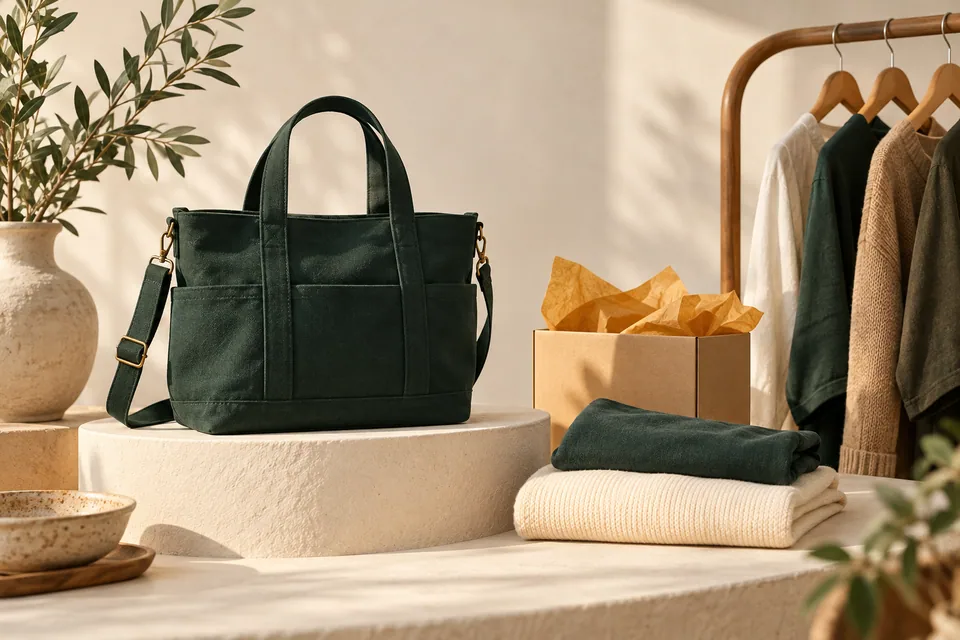 Stok ve ürün hazırlığını anlatan çanta, kıyafetler ve gönderi kutusuyla butik illüstrasyonu.