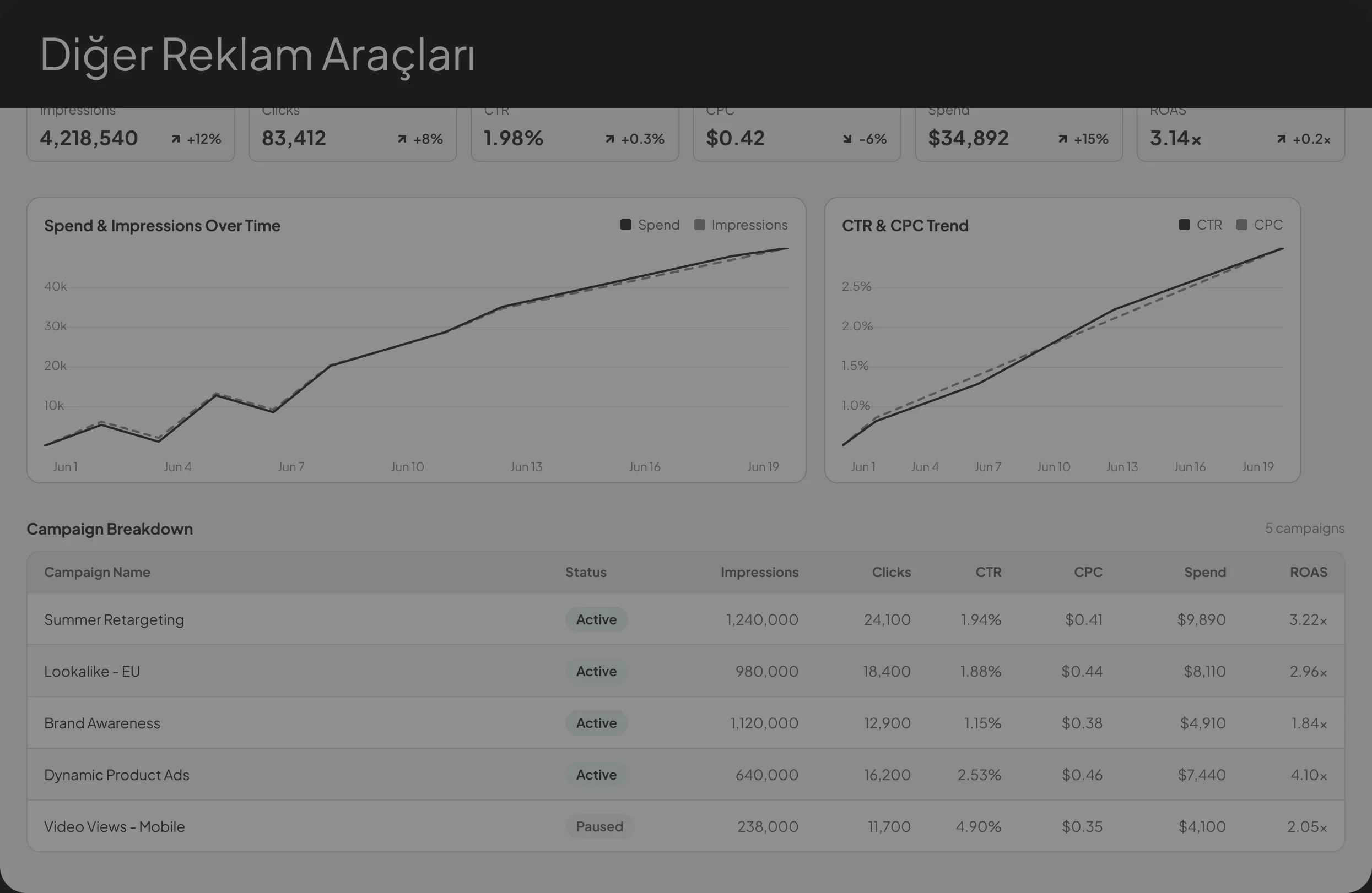 Diğer reklam araçları — karmaşık metrik paneli
