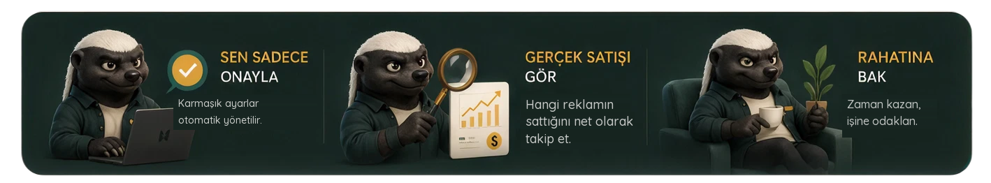Pursuk maskotlu banner — Sen sadece onayla: karmaşık ayarlar otomatik yönetilir. Gerçek satışı gör: hangi reklamın sattığını net takip et. Rahatına bak: zaman kazan, işine odaklan.