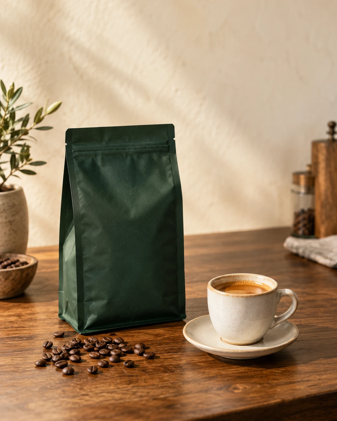 Kahve paketi, espresso fincanı ve kavrulmuş çekirdekler